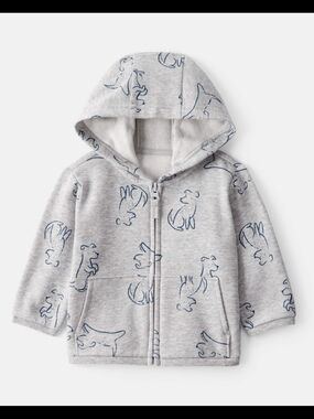 New With Tags Carter's Kids Grey Hooded Zip Sweatshirt with Dog Print